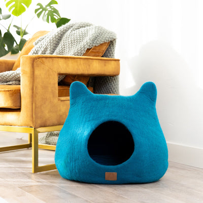 Felted Wool Peekaboo Cat Cave - Ocean Blue