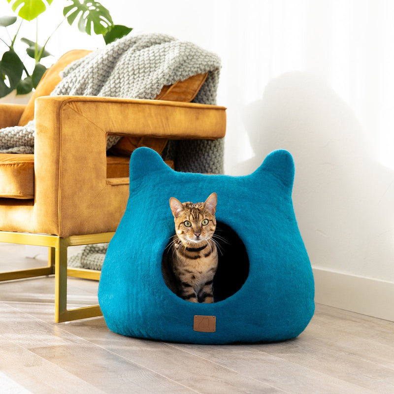Felted Wool Peekaboo Cat Cave - Ocean Blue
