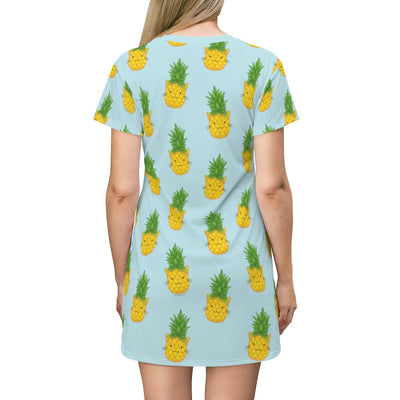 Tropical Pineapple Cat T-Shirt Dress
