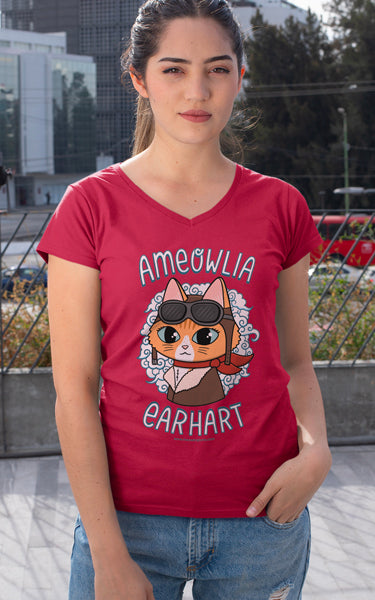 Ameowlia Earhart V-Neck Cat Shirt