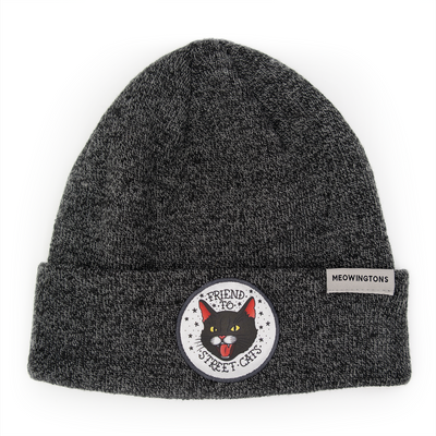 Friend to Street Cats Beanie in Marled Gray. This heathered gray cat beanie hat features a snarling black cat patch on the fold-over cuff with text that reads "Friend to Street Cats."