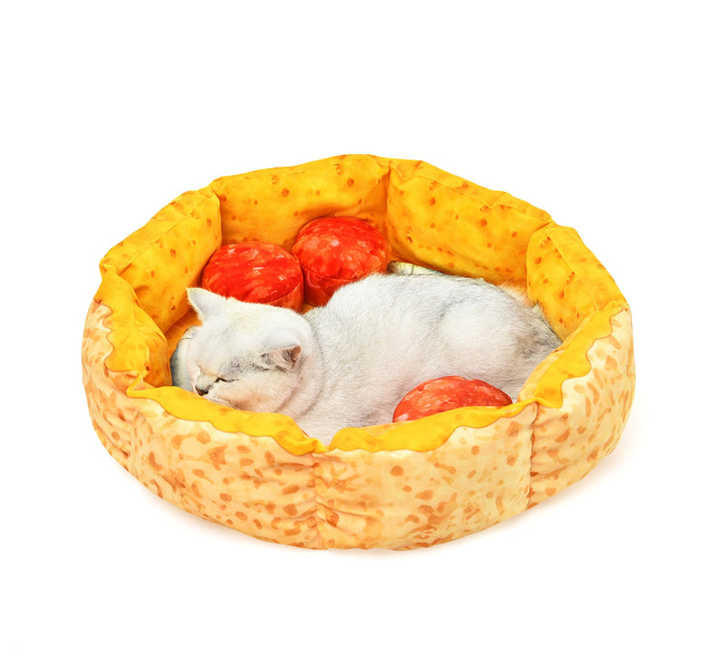 White cat sleeping inside Pizza cat bed with 3 pepperoni pillows