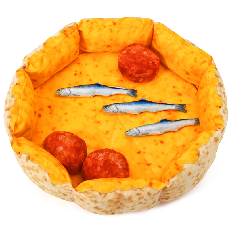 Pizza cat bed with 3 pepperoni pillows and 3 anchovy pillows