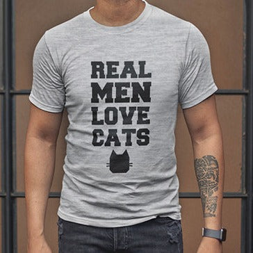 Heathered gray unisex tshirt that reads Real Men Love Cats with a black cat graphic