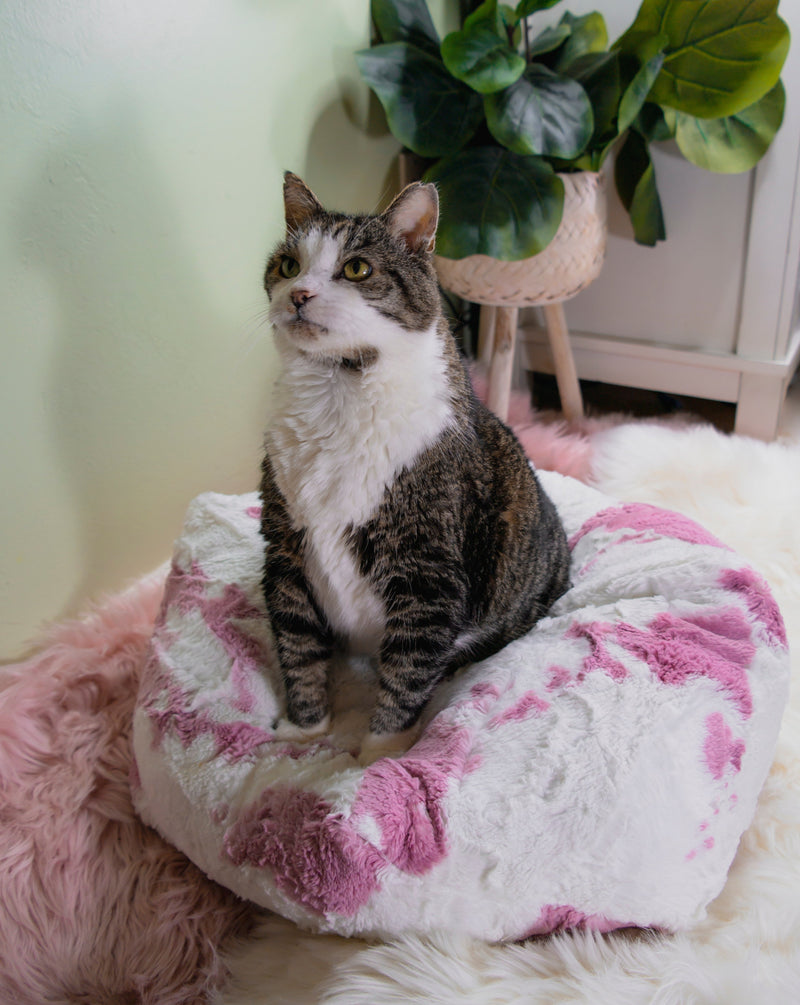 Strawberry Pink Cow Luxe Pouf Cat Bed